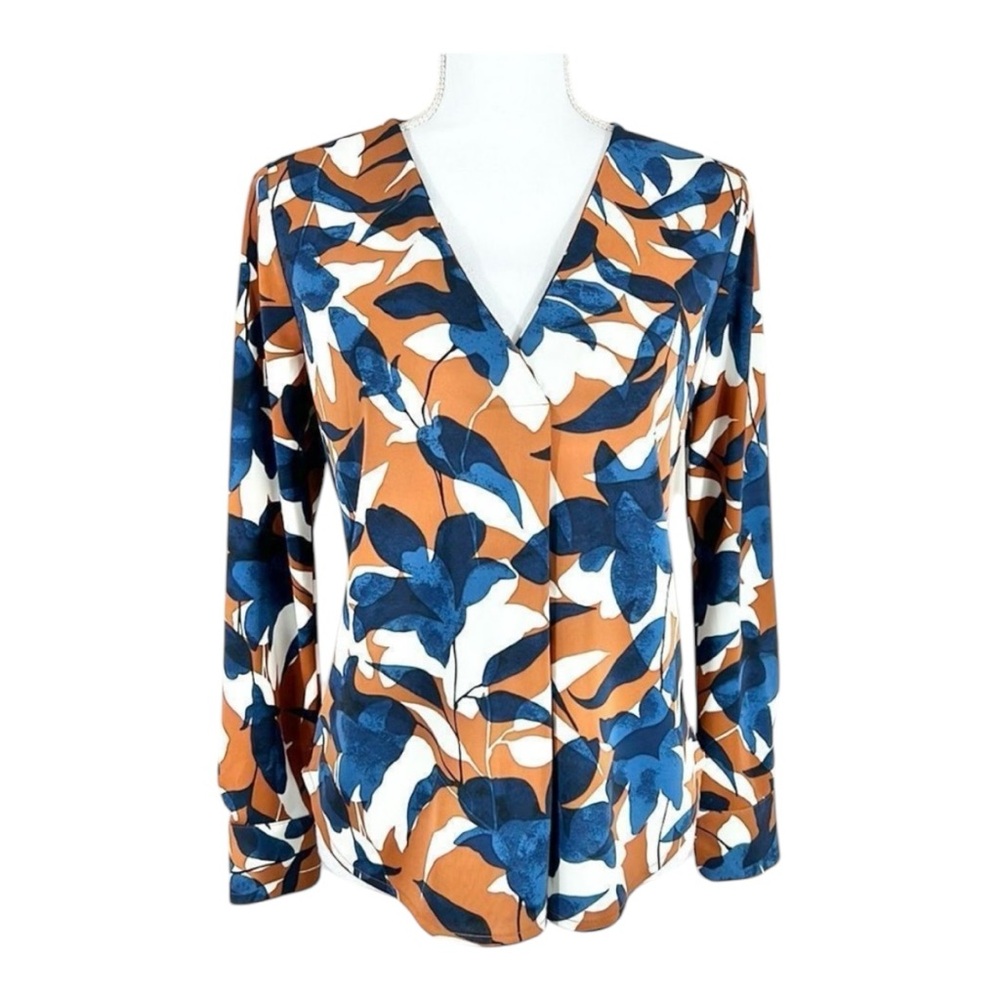 Ann Taylor Factory Blue Brown Cream Floral V Neck Blouse Size Small Petite